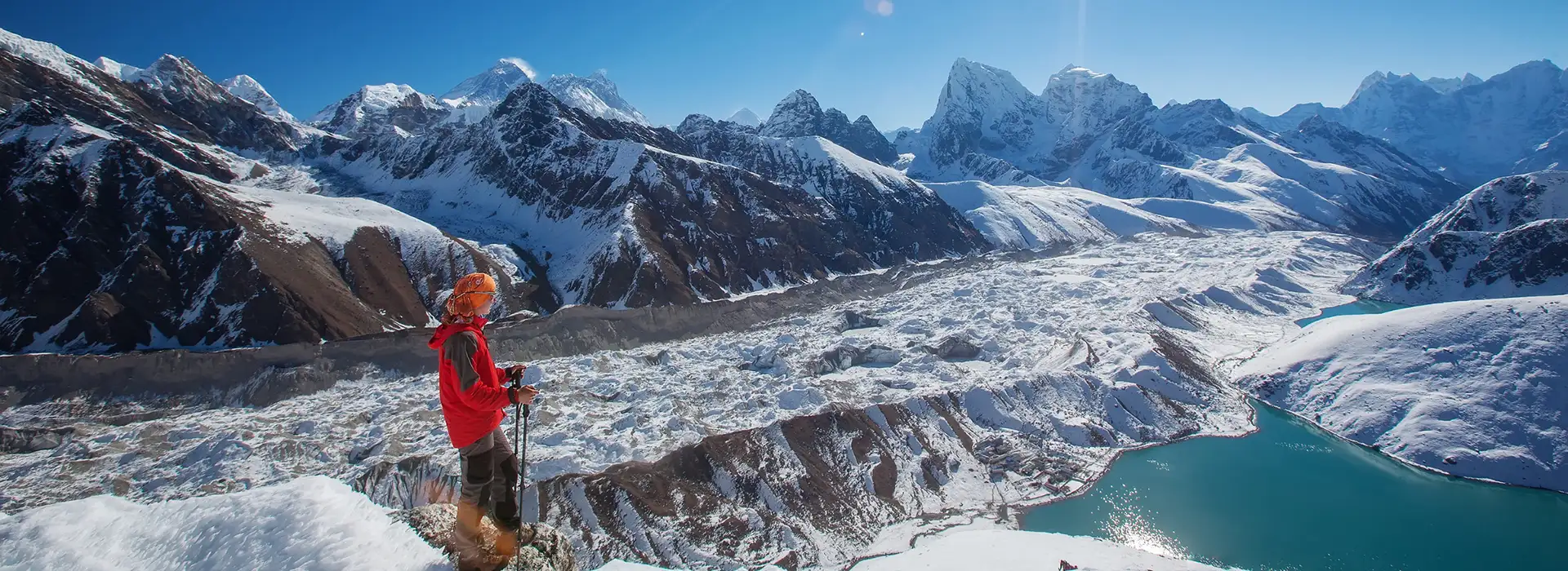 A group of trekkers exploring a traditional Himalayan village during a Luxury Sherpa Village Hike with Everest Helicopter Tour, featuring stone houses and colorful prayer flags.