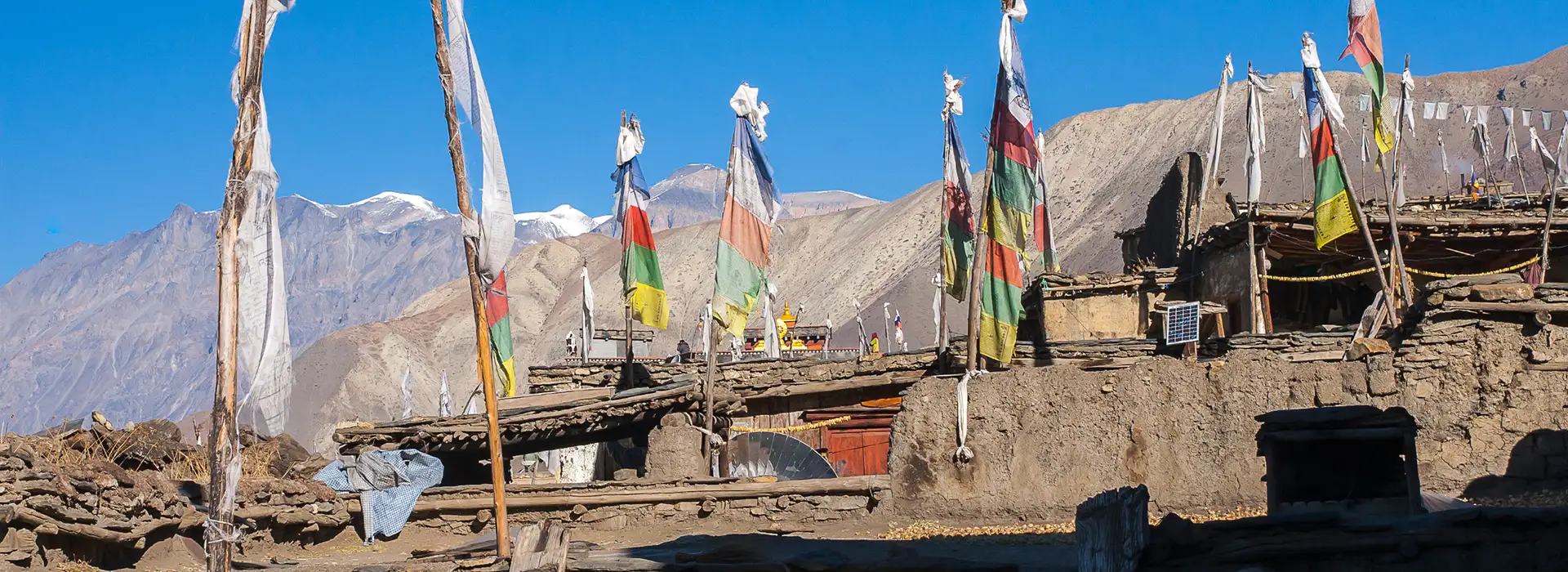 Tall, colorful prayer flags on wooden poles stand in front of flat-roofed mud-brick buildings. The background features barren, tan-colored mountains and distant snow-capped peaks under a vibrant blue sky.