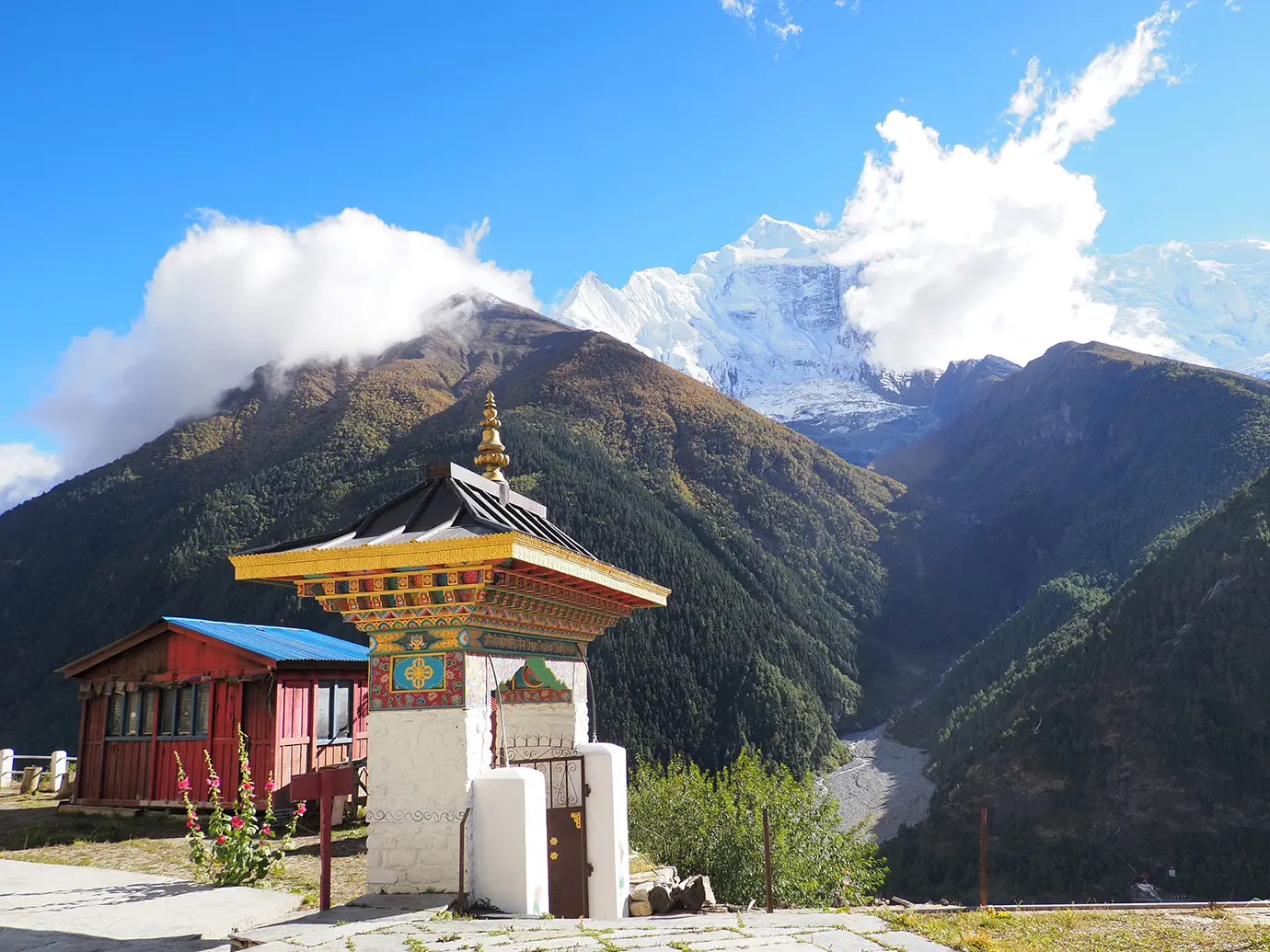 Monastery at Upper Pisang against the Annapurna Mountain Range