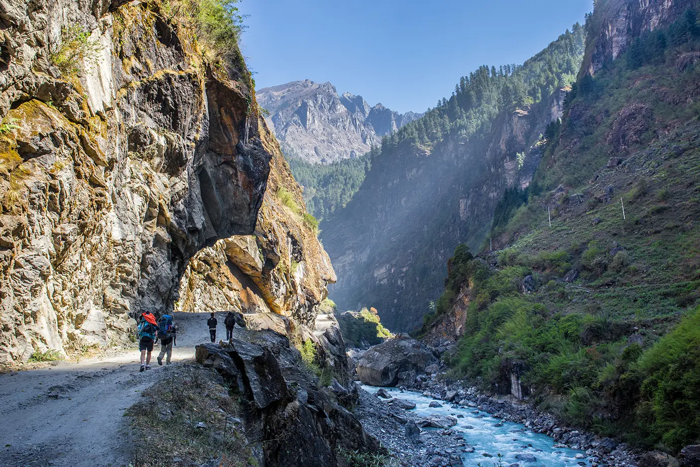 On the Annapurna Circuit close to the village of Dharapani. Following the Marsyangdi River on a beautiful morning.