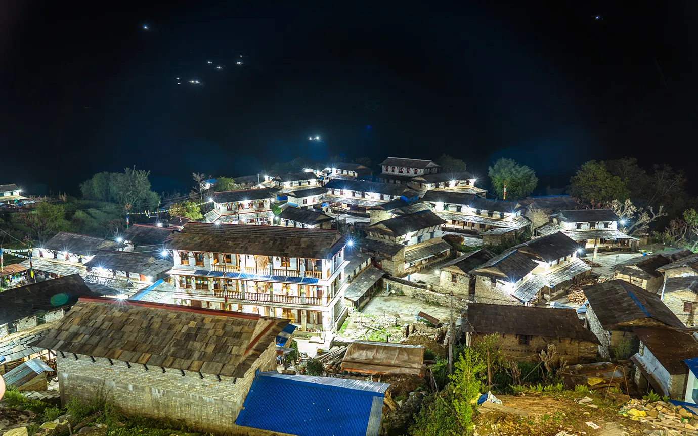 Beautiful night view of Ghandruk village at Kaski, Nepal
