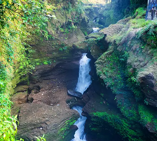 Devi’s Falls in Pokhara rushing through a deep rocky gorge with green moss and vegetation