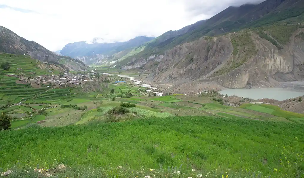 Wide valley view in the Manang region of Nepal with green terraced fields, a winding river, and rugged mountains under cloudy skies.