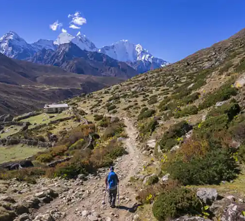 Trekker walking along a rocky trail above Pheriche village, with alpine hillsides and snow-capped Himalayan peaks in the distance.