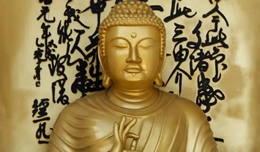 A golden Buddha statue with a calm expression is shown in front of a backdrop featuring black calligraphy-style script.