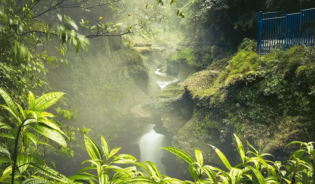 Misty view of Devi’s Falls gorge in Pokhara, Nepal, with a river flowing through a narrow green canyon surrounded by lush vegetation.