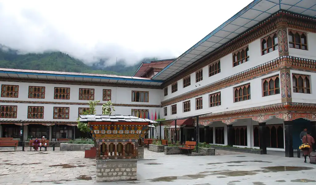 The traditional and colorful exterior of Hotel Druk in Thimphu, a welcoming base for Bhutan family travel.