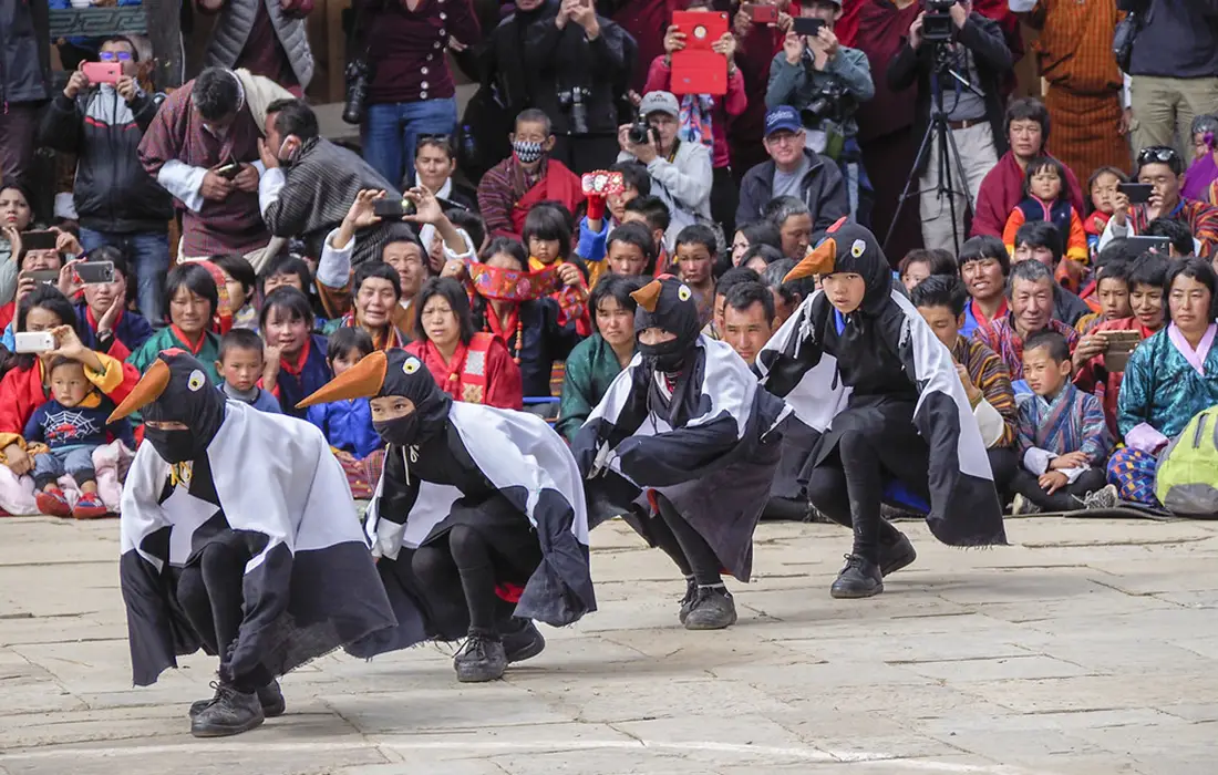 Black-necked crane dance performance at Gangtey Festival in Phobjikha Valley showcasing traditional Bhutanese cultural celebration.