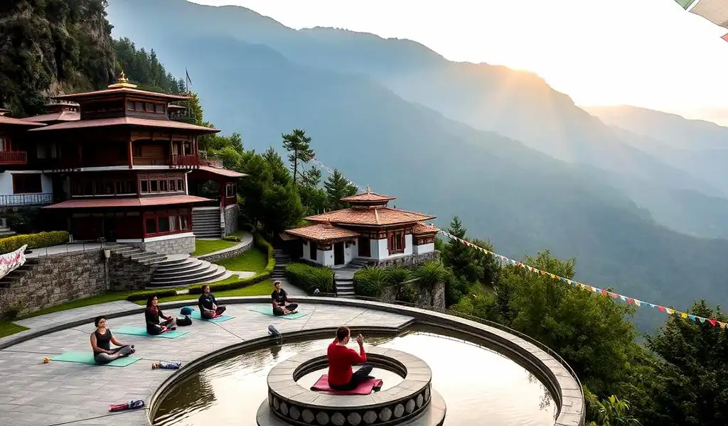 Travelers practicing meditation at a mountain monastery during a Bhutan Spiritual Tour at sunrise.