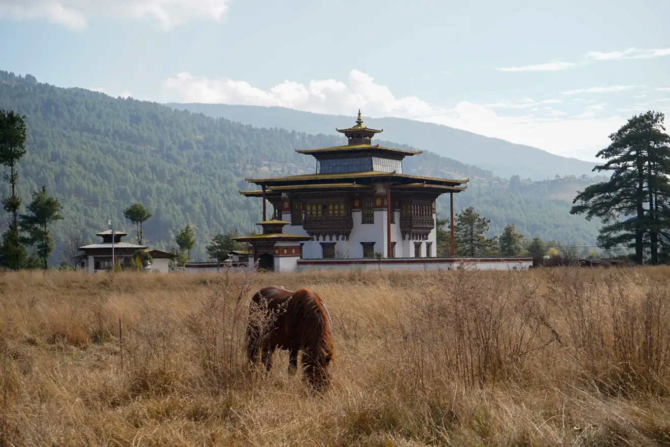 Traditional temple in Bumthang Valley surrounded by open fields and forested hills, a peaceful stop during a Bhutan road trip.