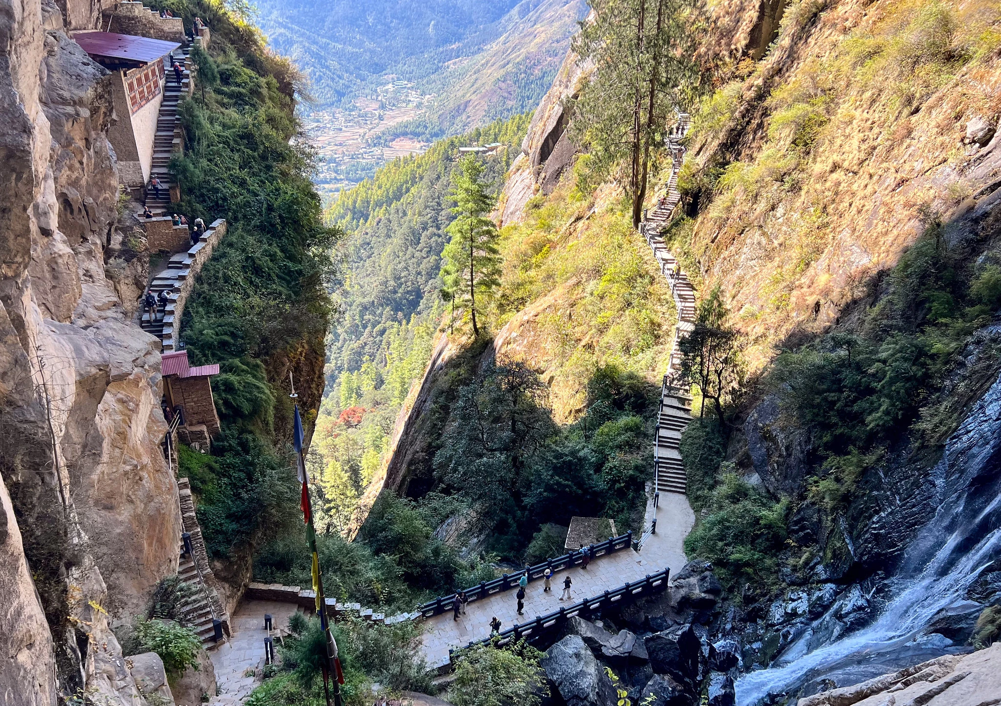 Steep stone staircases and mountain trail leading to Taktsang Monastery in Bhutan