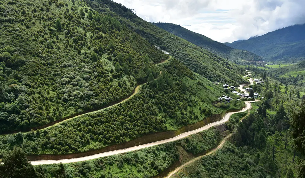 Mountain highway winding through lush hills near Pele La Pass in Bhutan, a scenic driving route featured in a Bhutan road trip.