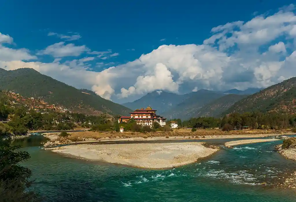 The majestic Punakha Dzong at the river confluence, a site often visited after completing the Bhutan Visa Process.