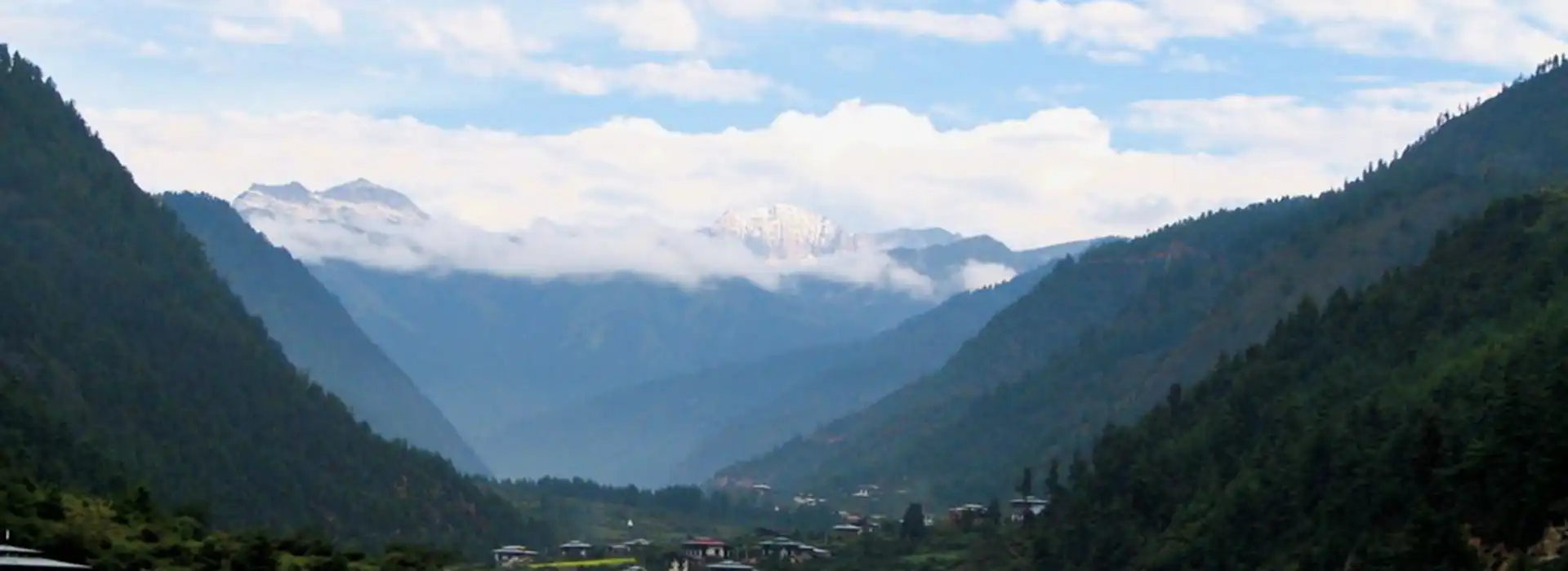 Panoramic view of a deep Himalayan valley with snow-capped peaks and forested slopes, captured during a Bhutan trekking guide journey.
