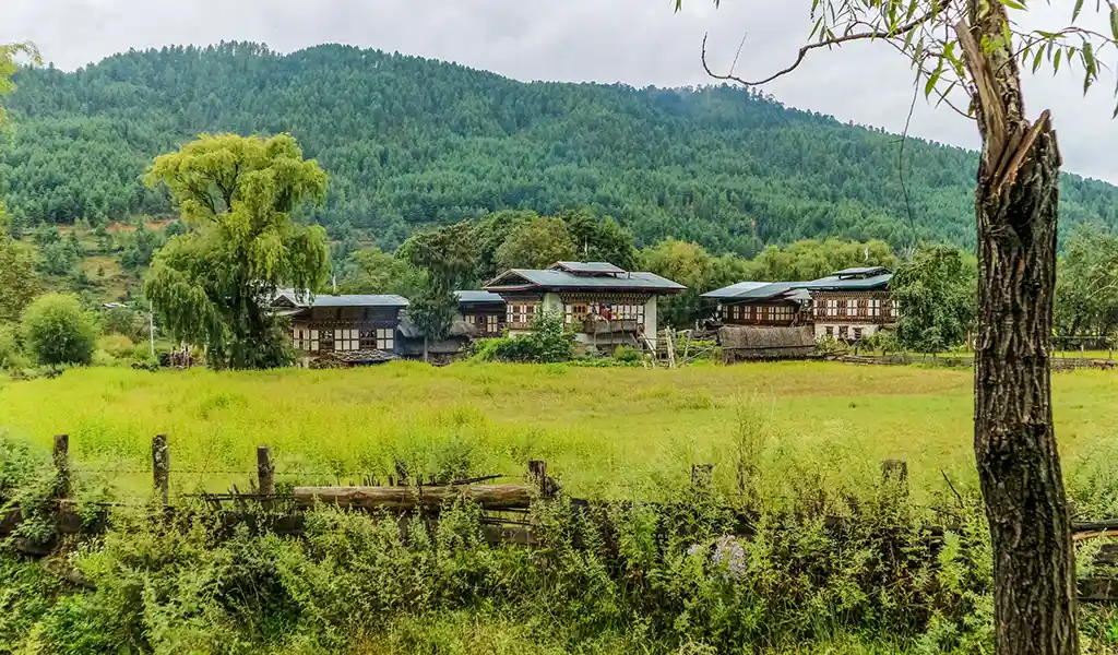 A sprawling view of the lush Bumthang Valley, the spiritual heartland and one of the most sacred places to visit in Bhutan.