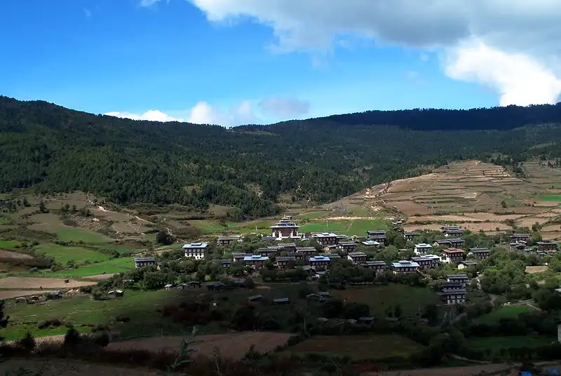 A scenic view of a traditional village in Bumthang Valley, where local ingredients for authentic Bhutanese food are grown in terraced fields.