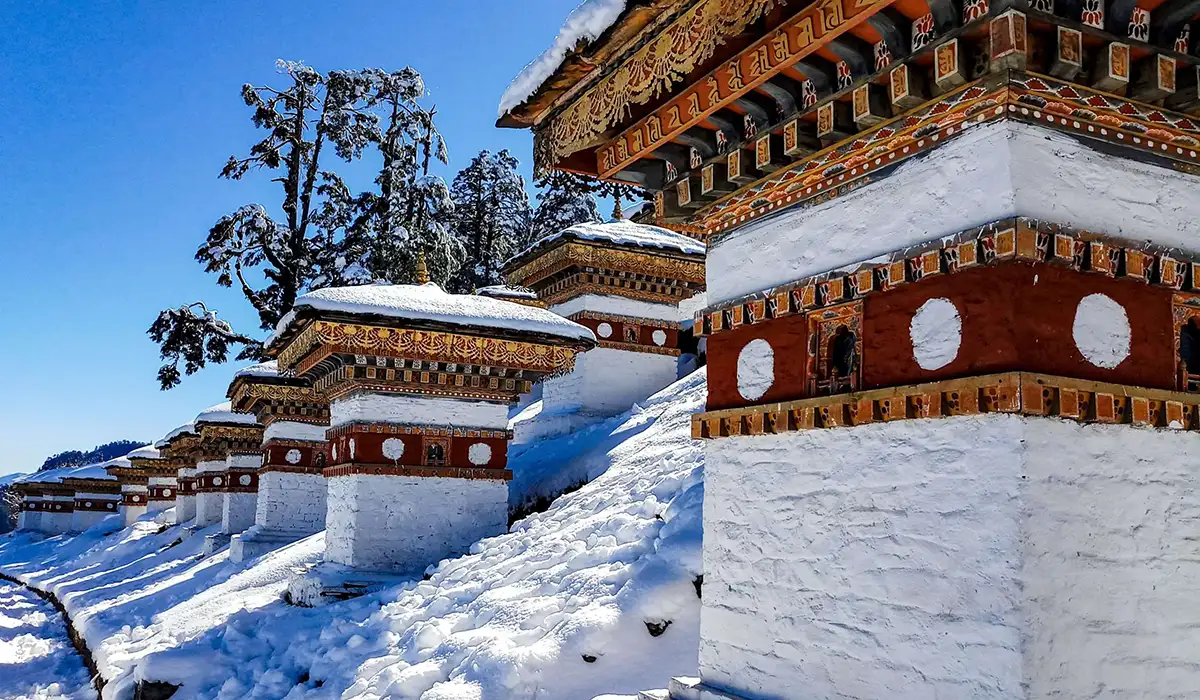 Snow-covered Dochula Pass chortens reflecting Bhutan's Weather during winter in the Himalayas