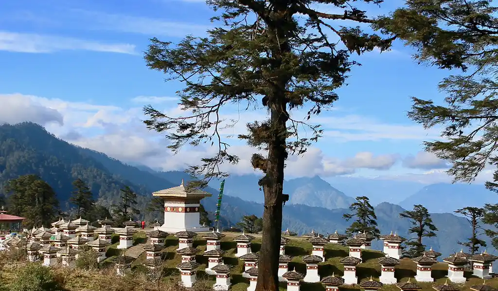 The 108 memorial chortens at Dochula Pass overlooking the Himalayas, the scenic gateway for your Punakha Travel Guide.