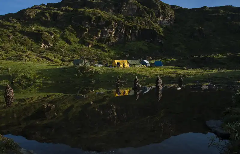 Colorful trekking tents set up by a pristine high-altitude lake with a perfect mountain reflection during a Druk path trek in Bhutan.