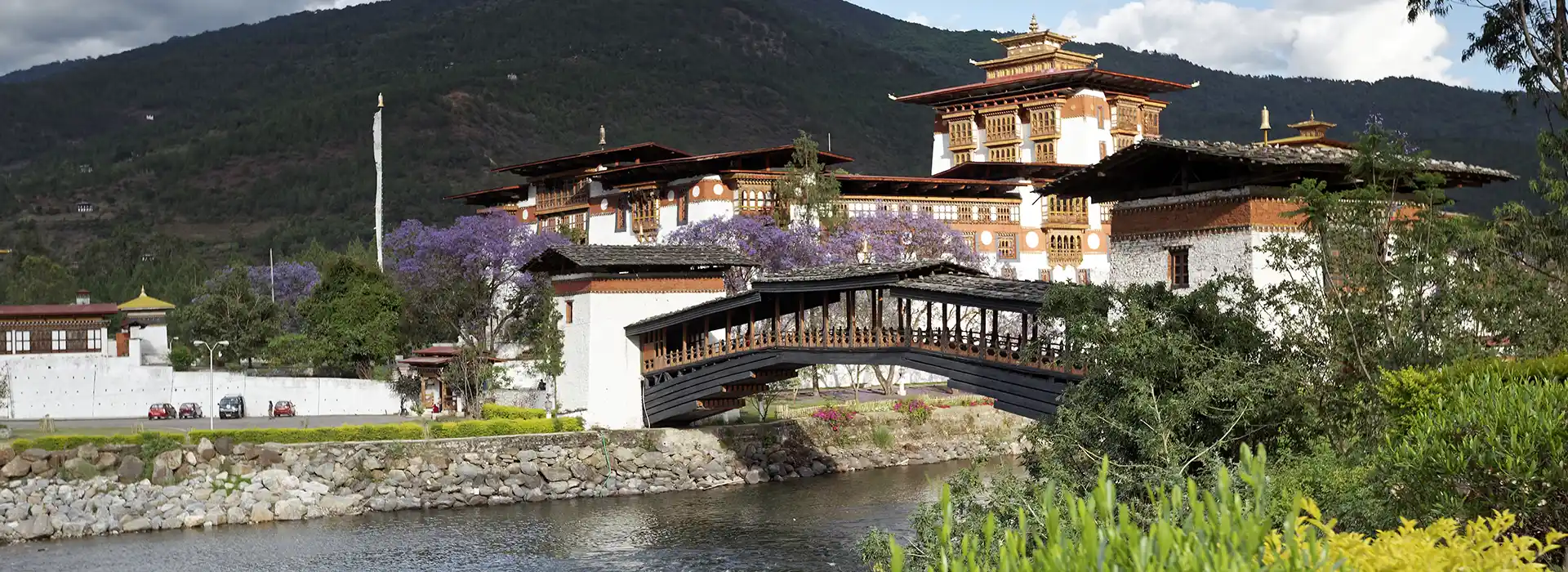 Punakha Dzong and traditional wooden bridge over the river featured in a Punakha travel guide.