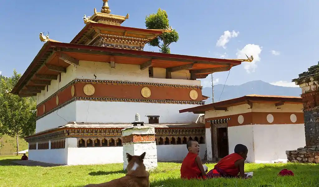 Two young Buddhist monks in red robes sitting on the grass in front of the white and gold Chimi Lhakhang temple in Punakha, Bhutan.