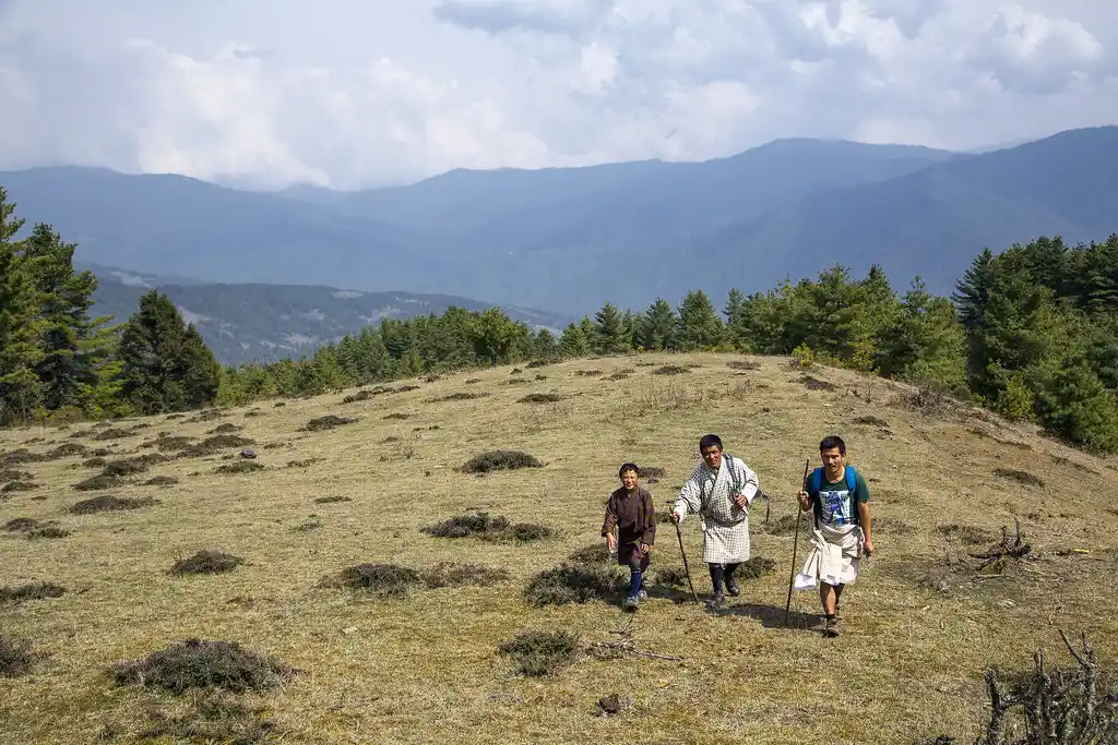 Hikers crossing a grassy ridge in Bumthang Valley featured in the Bhutan Wildlife and Nature Travel Guide.