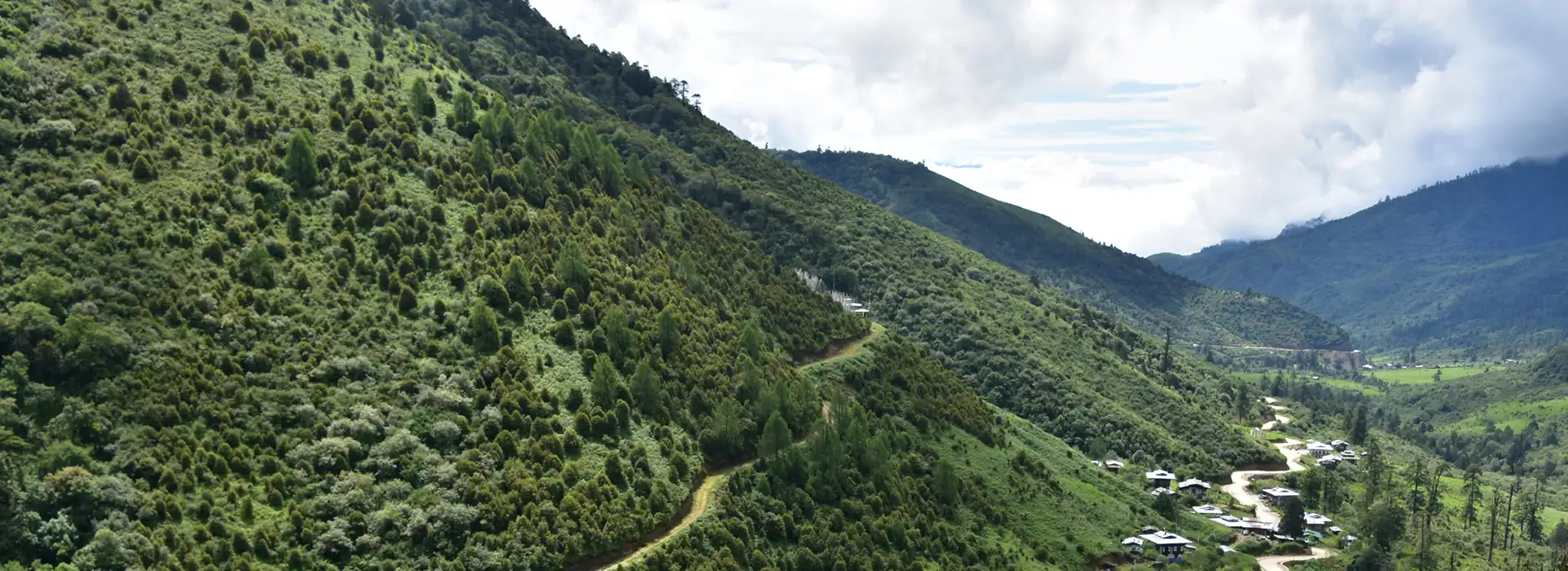 Scenic mountain valley and winding road in Bhutan surrounded by lush green hills and peaceful rural landscape