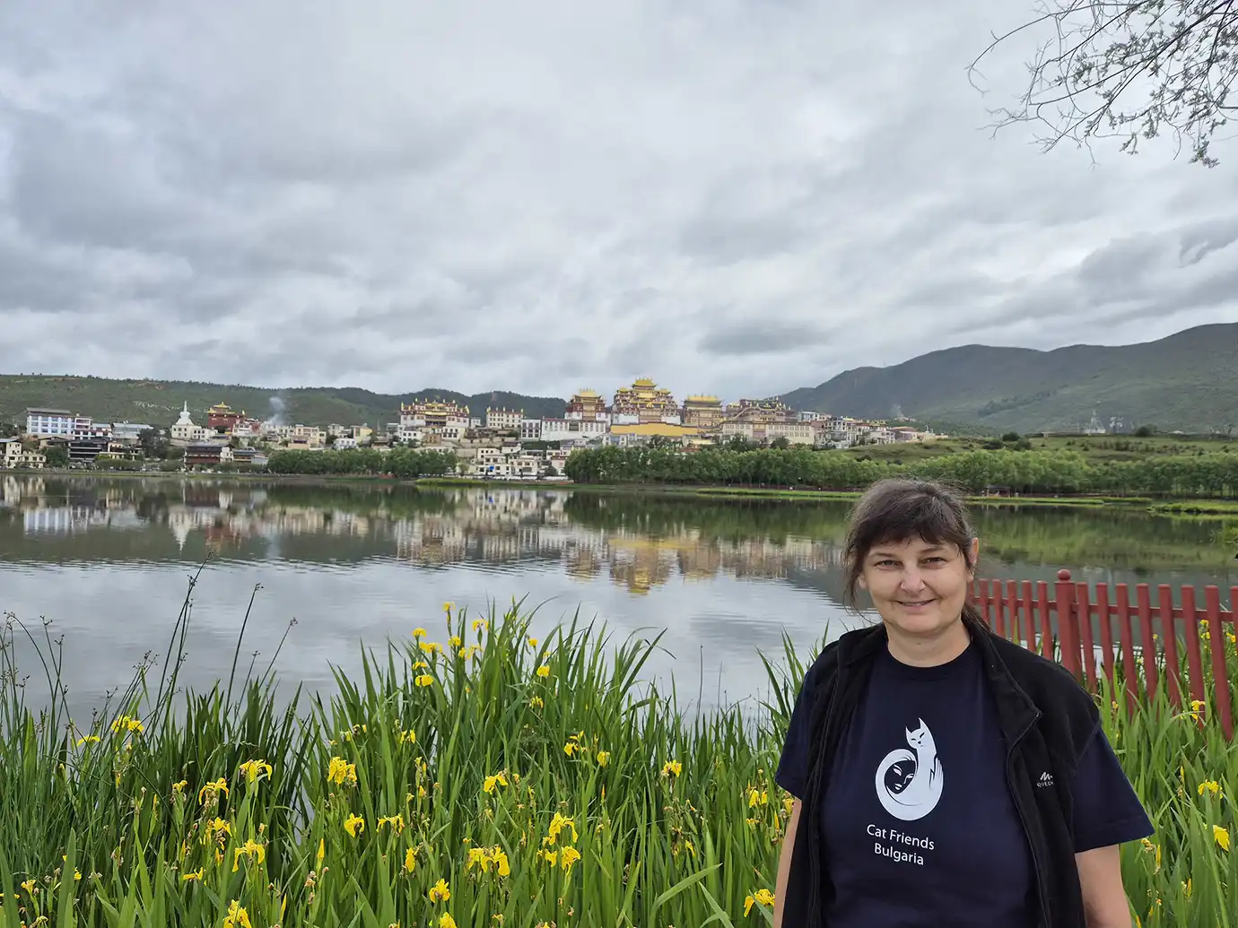 A traveler stands before a serene lake reflecting the golden roofs of a distant monastery complex, a peaceful stop on a Tibet Buddhist Pilgrimage Tour.