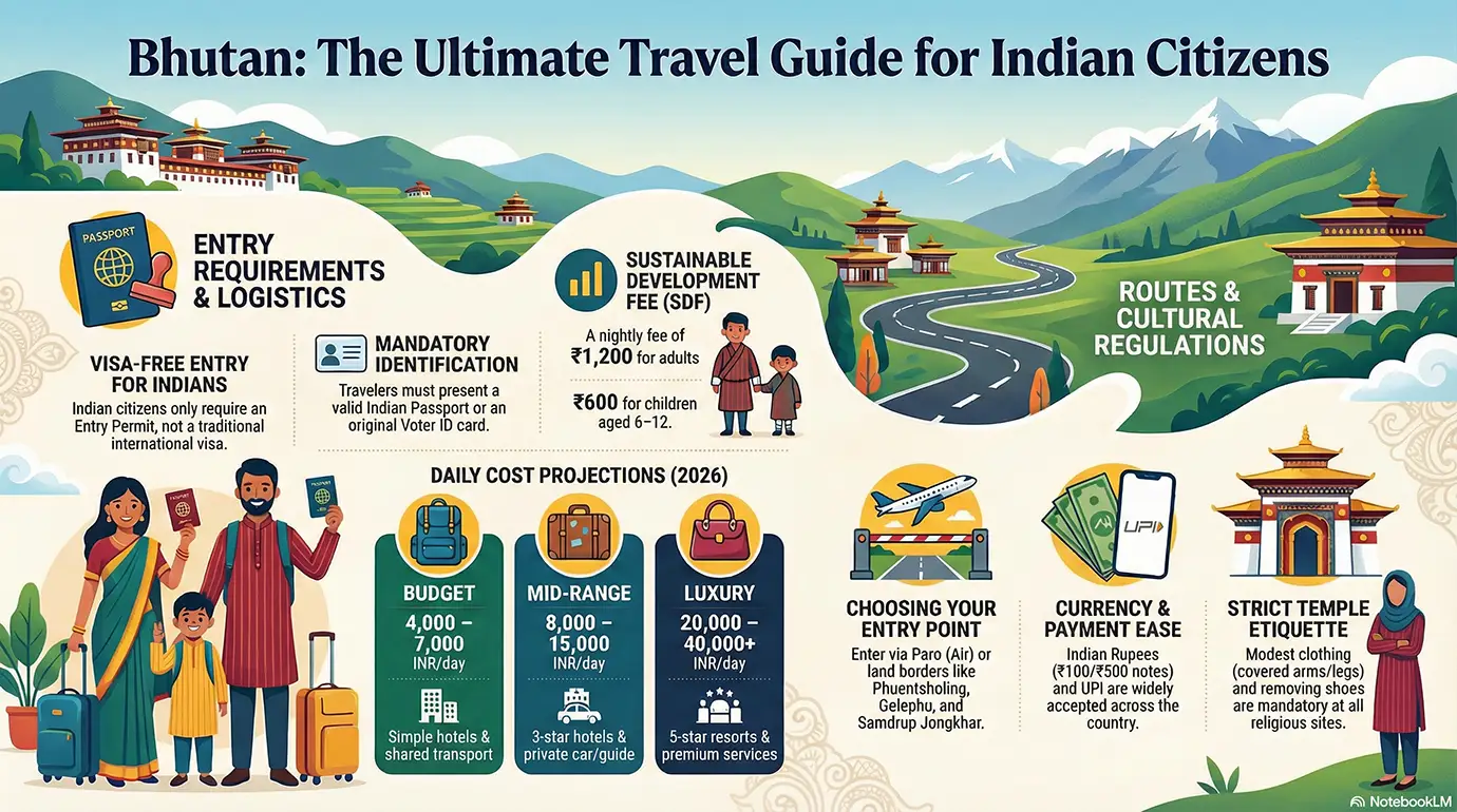 Infographic showing Bhutan travel guide for Indian citizens including entry requirements, Sustainable Development Fee, travel costs, routes, and cultural regulations for visiting Bhutan.