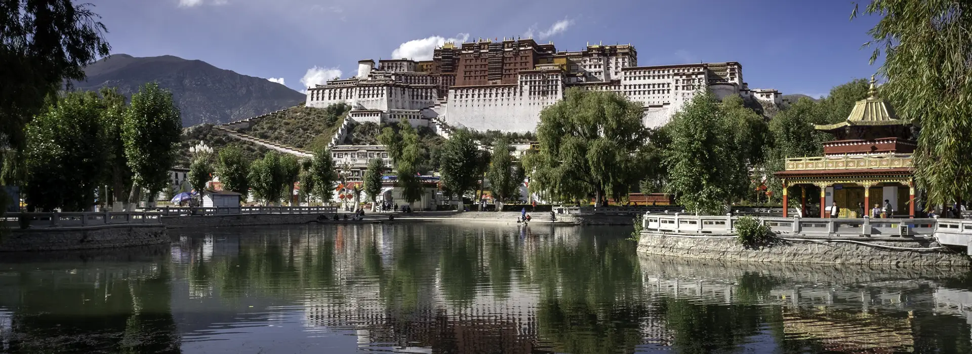 Plan for a Tibet tour with a clear view of Potala Palace in Lhasa reflected in a calm lake