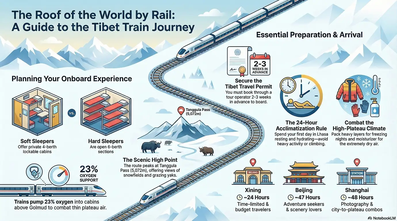 Illustrated infographic explains key steps for a Tibet tour by train, including permits, cabin types, oxygen support, acclimatization, and major railway routes across the Tibetan Plateau.