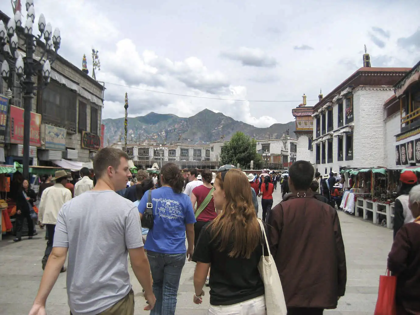 Travelers walking through a busy street in Lhasa during a plan for a Tibet tour research trip