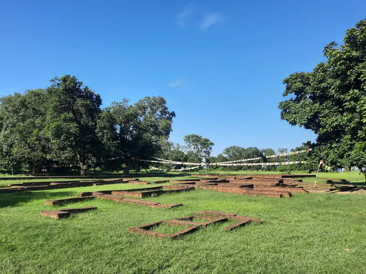 The ancient brick foundations of Tilaurakot are surrounded by green grass and trees. This archaeological site is a vital part of any Lumbini Travel Guide.
