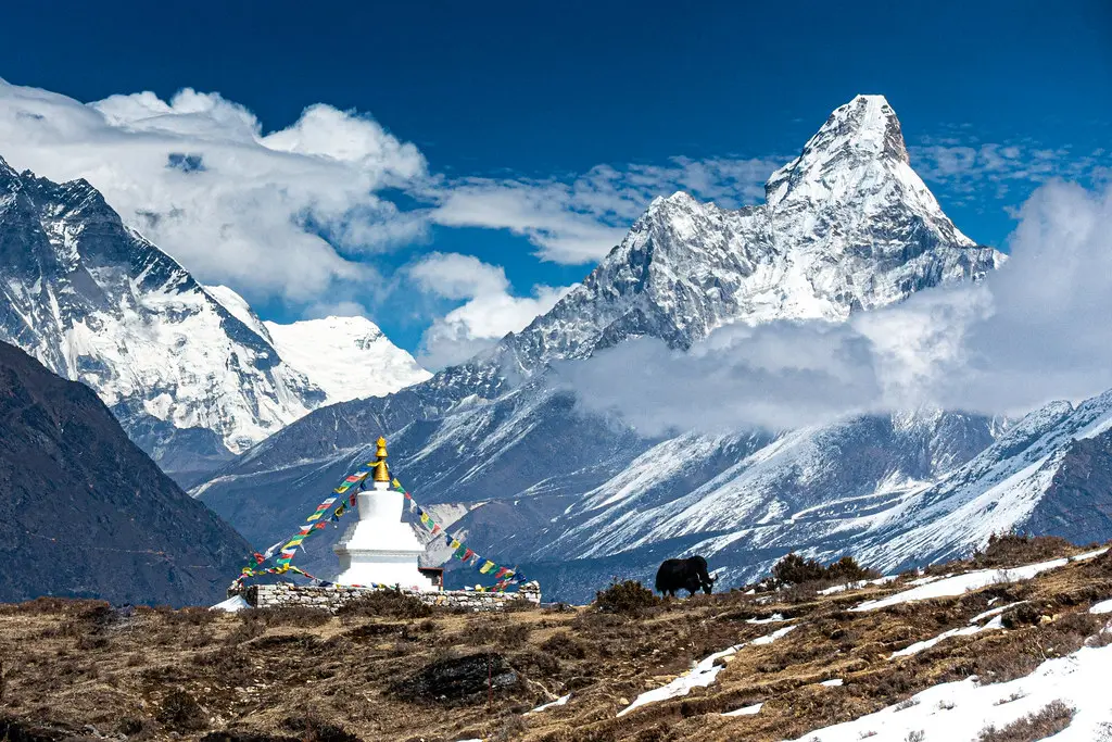 A white Buddhist stupa with prayer flags stands on a high ridge overlooking Ama Dablam. Items from your Nepal Hiking Packing List are crucial in this high-altitude environment.