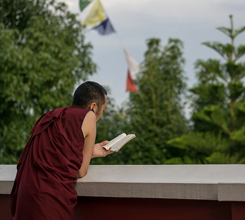 A young monk in maroon robes reads a book while sitting in a serene monastery garden at Namo Buddha. This spiritual retreat is essential for any Kathmandu Travel Guide.