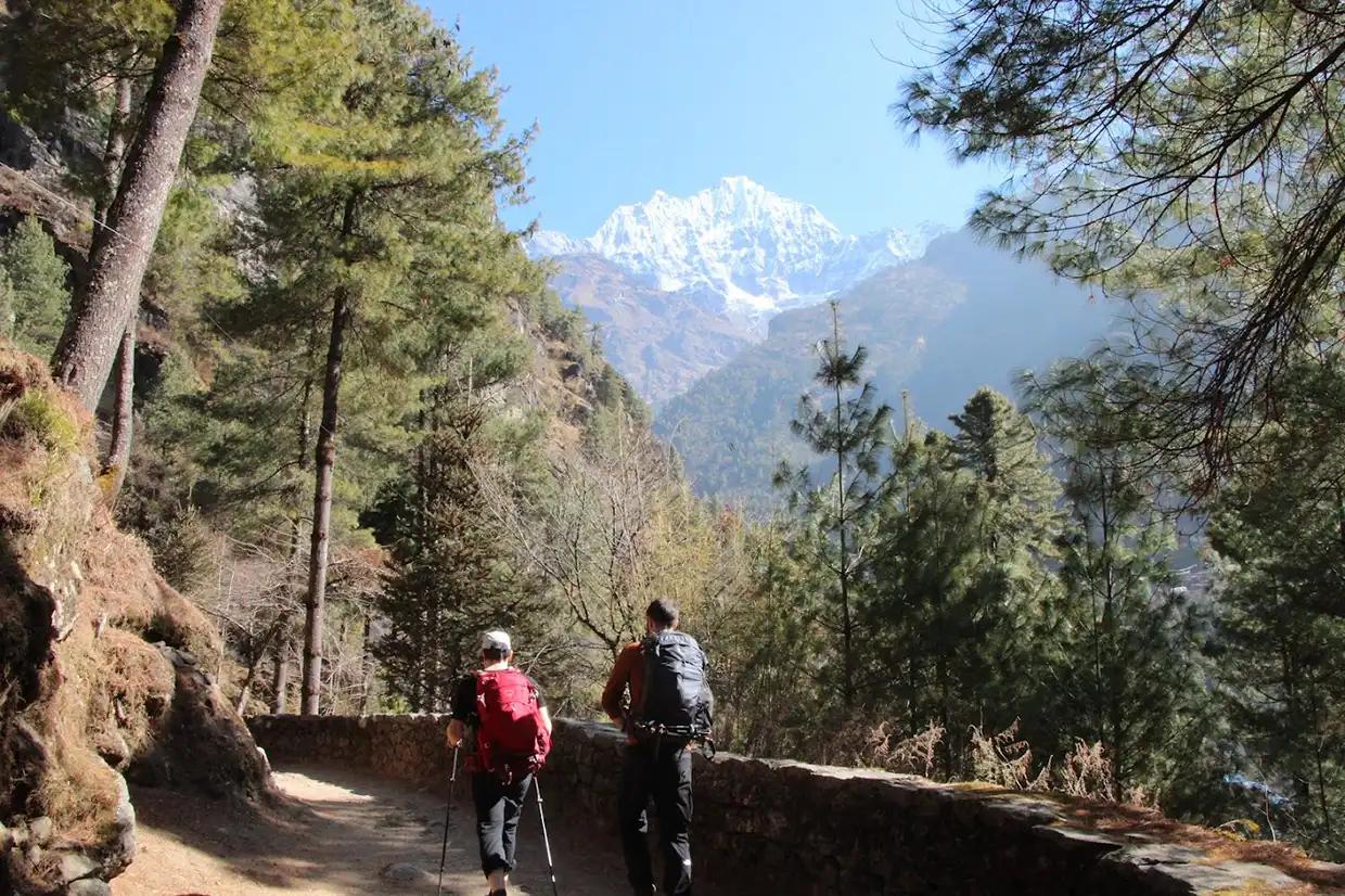 Two travelers hike on a stone path through lush green hills in Nepal, wearing modest gear. This short, scenic trek is ideal for a beginner's guide to hiking.