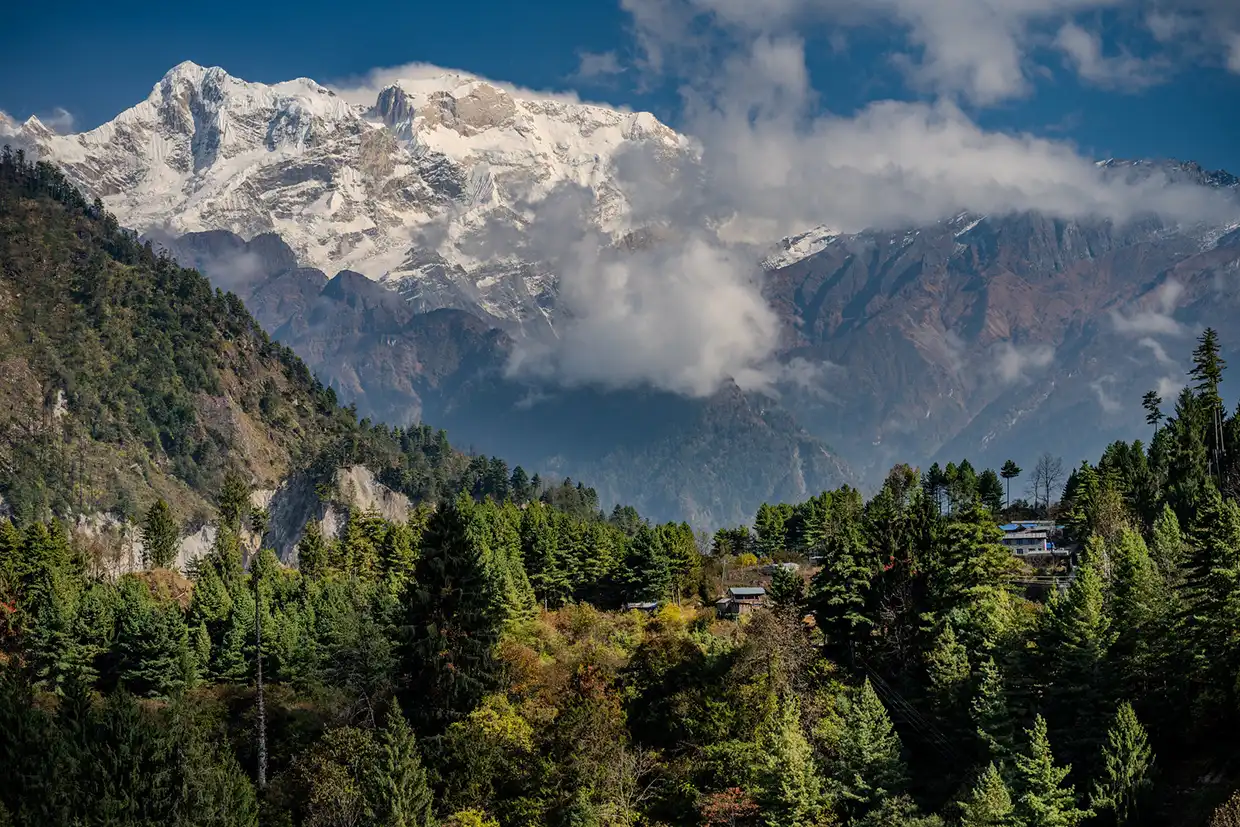 Lush green forests in Chame lead the eye toward massive snow-capped Himalayan peaks. It is a prime destination for those Hiking in Nepal by Month.
