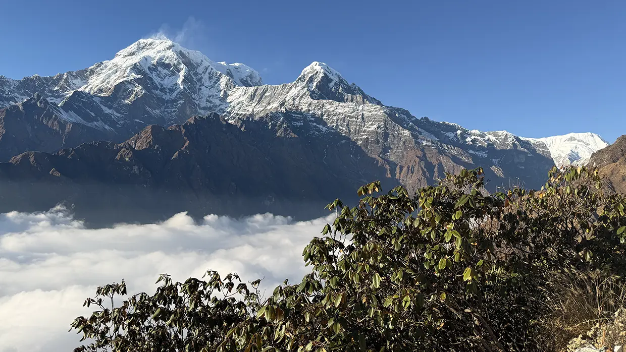 Thick white clouds settle below rugged, snow-capped Himalayan peaks viewed from a ridge, showcasing the dramatic landscapes found when Hiking in Nepal by Month.