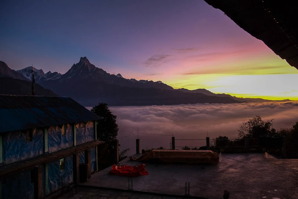 A vibrant purple and yellow sunrise illuminates Machapuchare mountain above a thick layer of clouds during the Khopra Ridge Trek in Nepal.