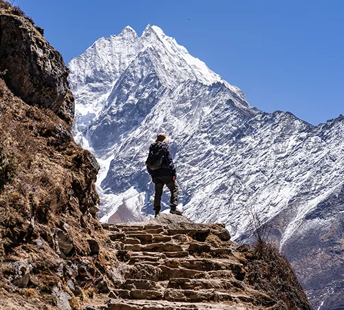 A lone trekker stands on a rugged stone path, admiring a massive snow-capped Himalayan peak under blue skies, a view found when Hiking in Nepal by Month.