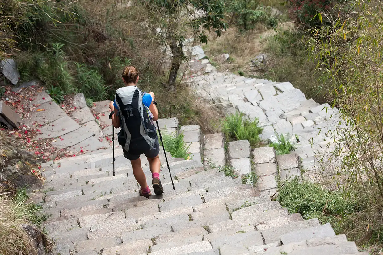A female hiker with a large grey backpack and trekking poles descends long stone stairs through green brush, illustrating an item from the Annapurna Base Camp Trek Packing List.