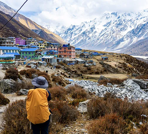 A trekker with a yellow backpack looks toward a colorful mountain village nestled below giant snowy peaks, a highlight of any Langtang Trek Itinerary.