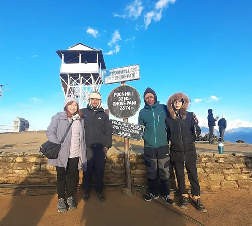 Four trekkers in warm winter gear pose by the summit sign and watchtower under a clear blue sky, a highlight within this Poon Hill Trek Guide.