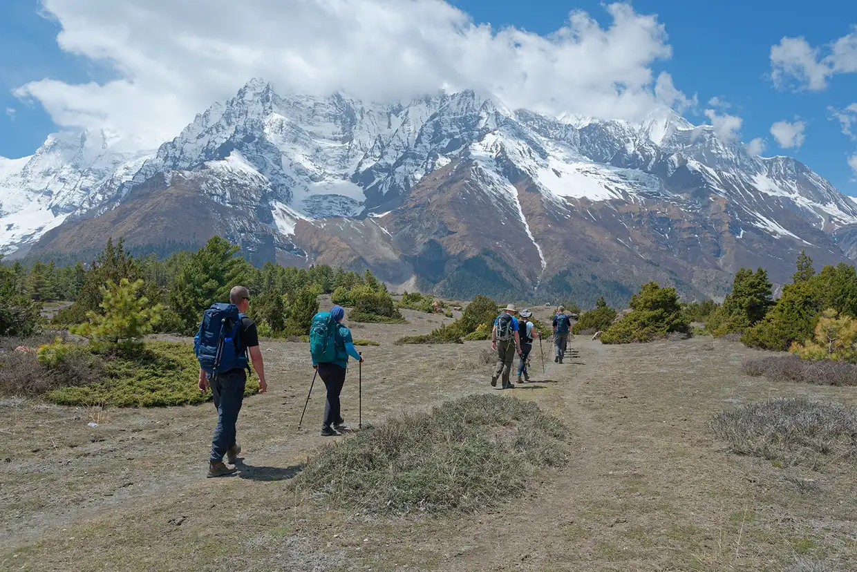 A group of hikers walks along a dirt path toward a massive snow-covered mountain range, evaluating the distinct landscapes of the Manaslu vs Annapurna Circuit.