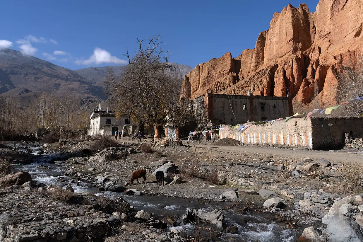 A small mountain stream flows past stone buildings and grazing animals near dramatic red cliffs during an Upper Mustang Jeep Tour in Nepal.