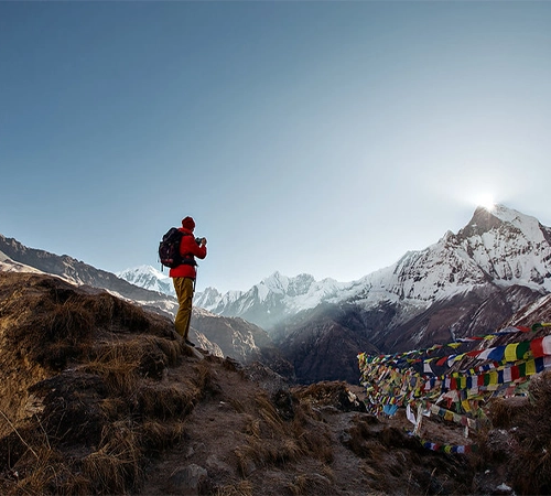 A trekker in a red jacket standing on a mountain ridge taking photos of Machhapuchhre peak at sunrise next to colorful prayer flags on Tent Peak Climbing.